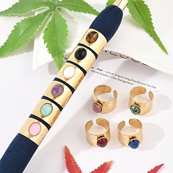 Смешанные камни 304 открытые манжетные кольца из нержавеющей стали с широким поясом, овальное кольцо с натуральным драгоценным камнем для женщин, реальный 18 k позолоченный, ионное покрытие (ip), 15.5 мм, регулируемый