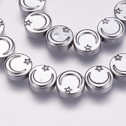 с Платиновым Покрытием Гальванизируйте немагнитных гематит бисер пряди, синтетический, плоские круглые с Луны и звезды, с покрытием платиным, 10x4 мм, отверстие : 1 мм, около 40~41 шт / нитка, 15.5 дюйм ~ 15.7 дюйм (39.5~40 см)