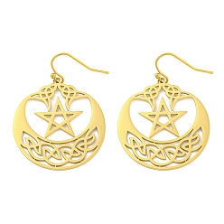 Real 18K Gold Plated 304 Stainless Steel Dangle Earrings for Women, Moon with Star, Real 18K Gold Plated, 41x30mm
