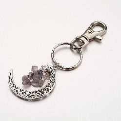 Mixed Stone Natural Gemstone Pendant Keychain, with Alloy Pendants, Iron Rings and Alloy Keychain Findings, Moon, Mixed Color, 100mm