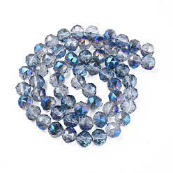 Royal Blue Electroplate Transparent Glass Beads Strands, Half Plated, Faceted, Round, Royal Blue, 10x8.5mm, Hole: 1.2mm, about 60pcs/strand, 20.47 inch(52cm)