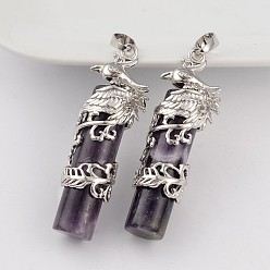 Аметист Колонка природный аметист подвески, с латунной фурнитурой платинового цвета, 49x16x13 мм, отверстие : 8x5 мм