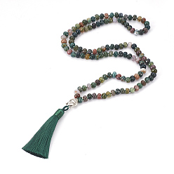 Indian Agate Polyester Tassel Pendant Necklaces, with Natural Indian Agate Beads and Metal Findings, Burlap Packing, Buddha, 30.31 inch~31.49  inch(77~80cm)