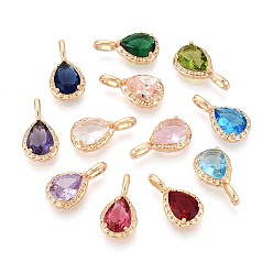 Настоящее золото 18K Подвески из латуни и циркония, слезинки, реальный 18 k позолоченный, 15x8x4.5 мм, отверстие : 3.5x2 мм