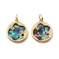 Настоящее золото 18K Подвески из латуни, ракушек пауа и прозрачных кубических цирконий, плоские круглые подвески со звездным узором, с целью перехода в кольце, реальный 18 k позолоченный, 16.5x14x2.5 мм, отверстие : 3 мм