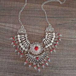 Красный Этнический стиль цинковый сплав паве синтетическая бирюза каплевидные массивные ожерелья нагрудник для женщин, античное серебро, красные, 19.69 дюйм (50 см)