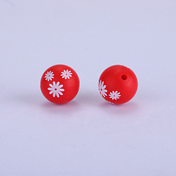 Red Printed Round Silicone Focal Beads, Red, 15x15mm, Hole: 2mm