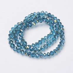 Deep Sky Blue Electroplate Transparent Glass Beads Strands, Half Green Plated, Faceted, Rondelle, Deep Sky Blue, 3x2mm, Hole: 0.8mm, about 150~155pcs/strand, 15~16 inch(38~40cm)