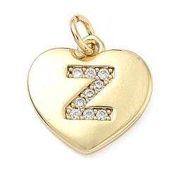 Letter Z Латунные микропаве прозрачные подвески с фианитом, сердце прелести, без кадмия и без свинца, стойки покрытие, долговечный, реальный 18 k позолоченный, Письмо Z, 15x15x2 мм, отверстие : 3 мм