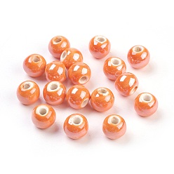 Orange Handmade Porcelain Beads, Pearlized, Round, Orange, 10mm, Hole: 2~3mm