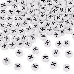 Letter K 500шт акриловые бусины, с горизонтальным отверстием, буквы, плоско-круглые, Письмо K, 7x4 мм, отверстие : 1 мм