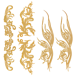 (7BDF) Прозрачный морозный бирюзовый 3 пары 3 стиль цветок полиэстер компьютерная вышивка пришивные нашивки, аппликации с вышивкой металлическими нитками в этническом стиле, с клейкой спинкой, темно-золотистые, 291~495x111~160x0.8~1 мм, 1 пара / стиль