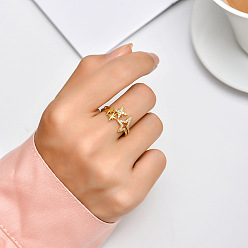 Золотой Открытые кольца-манжеты из латуни с микропаве из прозрачных кубических цирконий для женщин, звезда, золотые, внутренний диаметр: регулируемый