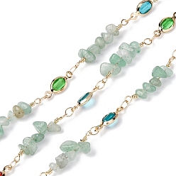 Зеленый Авантюрин Латунные цепные цепи, со стеклянными и натуральными зелеными бусинами авантюрина, долговечный, пайки, золотые, с катушкой, 13.5x5x2.5 мм, около 16.40 футов (5 м) / рулон