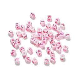 Ярко-Розовый Непрозрачные акриловые бусины, Эмаль стиле, куб с письмом, ярко-розовый, 4.5x4.5x4.5 мм, отверстие : 2 мм, Около 8333 шт / 500 г