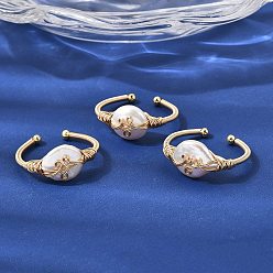 Золотой Латунные манжеты с открытыми кольцами, с натуральной жемчужиной, стойки покрытие, долговечный, золотые, размер США 12 3/4 (22 мм) ~ размер США 15 1/4 (24 мм)