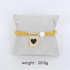 Сердце Прямоугольные браслеты с подвесками из латуни в стиле бохо, круглые бусины эластичные браслеты для женщин, с жемчугом и кубическим цирконием, золотые, сердце, внутренний диаметр: 2-3/8 дюйм (6 см)