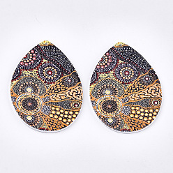 Colorful Printed Wooden Big Pendants, Dyed, teardrop, Colorful, 64.5x46x2.5mm, Hole: 1.2mm
