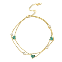 Зеленый Ионное покрытие (IP) 304 двухслойные браслеты из нержавеющей стали для женщин, со звеньями в форме сердца, золотые, зелёные, 8-7/8 дюйм (22.5 см)