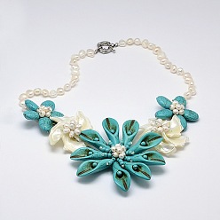 Синтетическая Бирюза Перламутровый цветок каллы, с латунными весной кольцевых застежками, синтетические бирюзовые и жемчужные бусины, 20.4 дюйм