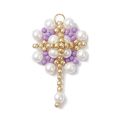 Лиловый Подвески-цветы из стеклянных бус, со стеклянными жемчужными бусинами и 304 соединительными кольцами из нержавеющей стали, реальный 18 k позолоченный, сирень, 32x20x6.5 мм, отверстие : 3 мм
