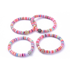 Mixed Color Handmade Polymer Clay Heishi Bead Stretch Bracelets, with Brass Micro Pave Clear Cubic Zirconia Round Beads, Mixed Color, 2-1/4 inch(5.6cm)