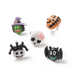 Mixed Patterns Halloween Theme Resin Adjustable Ring, Silver Brass Jewelry for Women, Mixed Patterns, Inner Diameter: 17mm