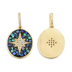 Black Brass Micro Pave Clear Cubic Zirconia Pendants, with Shell and Enamel, Golden, Nickel Free, Oval with Star, Black, 22x16x2mm, Hole: 4x6mm