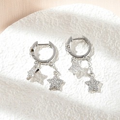 Платинированный Серьги-кольца из латуни с микропаве из прозрачного кубического циркония, долговечный, звезда, Реальная платина, 32.5 мм, штифты : 0.9 мм