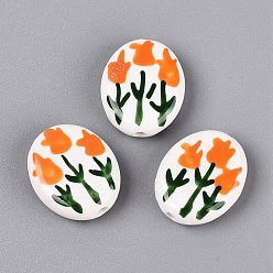 Coral Hand Painted Tulip Flower Oval Porcelain Beads, Floral Ceramic Beads, Coral, 18~21x15~17x5~6mm, Hole: 1.8~2mm
