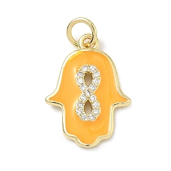 Оранжевый Латунные микро проложить кубического циркония подвески, с эмалью, долговечный, стойки покрытие, без свинца и без кадмия, hamsa hand charms, реальный 18 k позолоченный, оранжевые, 18.5x13.5x2 мм, отверстие : 3 мм