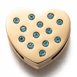 Golden 304 Edelstahl Diacharme, mit Strass, Herz, Aquamarin, golden, 12x13x3.5 mm, Bohrung: 8x1.5 mm