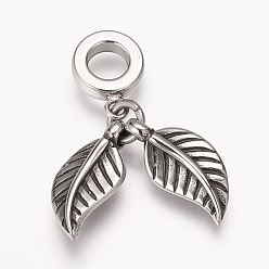 Antique Silver 304 Stainless Steel European Dangle Charms, Large Hole Pendants, Leaf, Antique Silver, 31mm, Hole: 5mm, Pendant: 18x10x3.5mm