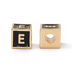 Letter E Стойки покрытие латунь эмаль бисер, без кадмия, без никеля и без свинца, реальный 18 k позолоченный, куб с письмом, чёрные, letter.e, 6x6x6 мм, отверстие : 2.5 мм