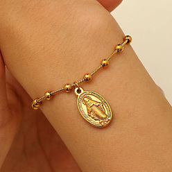Золотой 304 из нержавеющей стали шарм браслеты, браслеты-цепочки-спутники для женщин, овальные с рисунками " virgin mary", золотые, 6-1/8 дюйм (15.4 см)