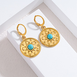 Flat Round 304 Stainless Steel Synthetic Turquoise Leverback Earrings, Real 18K Gold Plated, Flat Round, 37x21mm