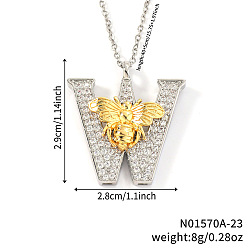 Letter W Подвеска в виде пчелы с микропаве из прозрачного кубического циркония в виде микрофибры, латунная, с инициалами., платиной и золотом, Буква W, 15.75 дюйм (40 см), Кулон : 29x28 мм