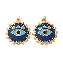 Прусский Синий 304 нержавеющей стальной эмали подвески, с целью перехода в кольце, ионное покрытие (ip), плоский круглый с оберегом от сглаза, реальный 18 k позолоченный, берлинская лазурь, 21x18.5x2 мм, отверстие : 2.5 мм