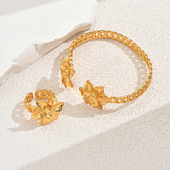 Золотой Элегантный комплект из латунного кольца-манжеты и браслета с цветком для женщин, золотые