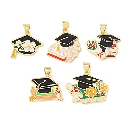 Hat Pendentifs en laiton émaillé pour la saison des remises de diplômes, plaqué longue durée, sans cadmium et sans plomb, réel 18 k plaqué or, couleur mixte, charme de chapeau de graduation, 17.5~22x19.5~25.5x1.5~2mm, Trou: 4x3mm