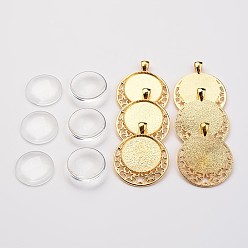 Античное Золото Настройки сплава кулон кабошон скошенных пузырь Locket, Прозрачные стеклянные кабошоны, плоско-круглые, античное золото , 44.5x36x2.5 мм, отверстие : 6.5x3 мм, стеклянные кабошоны: 25x7 мм, 6sets / мешок