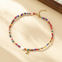 Letter X Ожерелья из круглых бусин в форме сердца из натуральных ракушек и разноцветных стеклянных семян, ожерелья шкентеля, 304 колье из нержавеющей стали, золотые, Письмо X, 15.35 дюйм (39 см)