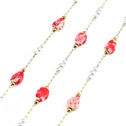 Red Handmade Stainless Steel & Natural Shell & ABS Plastic Pearl Beaded Link Chains, Teardtop, Spray Painted, Soldered, with Spool, Red, 6.5x5.5x2.5mm