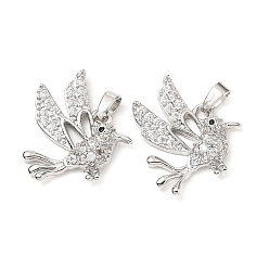 Платина Латунные микропаве прозрачные подвески с фианитом, без кадмия и без свинца, птица, платина, 20x18x3.5 мм, отверстие : 5x2.5 мм