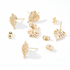 Real 18K Gold Plated Brass Stud Earring Findings, with Ear Nuts and Loop, 925 Sterling Silver Pins, Tropical Theme, Monstera Leaf, Real 18K Gold Plated, 20pcs/box