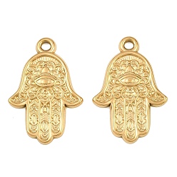 Real 18K Gold Plated 304 Stainless Steel Pendants, Hamsa Hand with Floral Pattern Charms, Ion Plating(IP), Real 18K Gold Plated, 27x18x2mm, Hole: 2mm