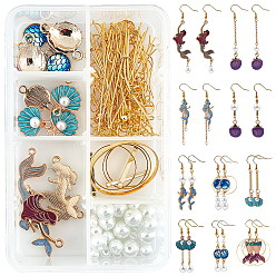 Golden 133Pieces DIY Ocean Style Earring Kits, Including Mermaid & Shell Shape Alloy Enamel Findings, Brass Findings, Iron Rolo Chains & Links, Glass Pearl Beads, Golden, 27x18.5x3mm, Hole: 1.5mm, 2pcs