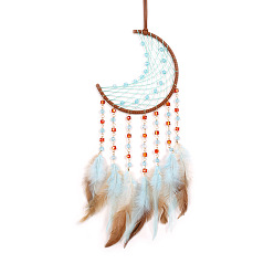 Sky Blue Woven Net/Web with Feather Pendant Decorations, Beaded Hanging Ornaments, Moon, Sky Blue, 500x160mm