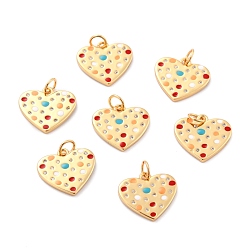 Golden Brass Micro Pave Clear Cubic Zirconia Pendants, Long-Lasting Plated, with Jump Ring and Enamel, Heart, Golden, 14x15.5x1.5mm, Hole: 3.8mm, jump ring: 5x0.6mm.