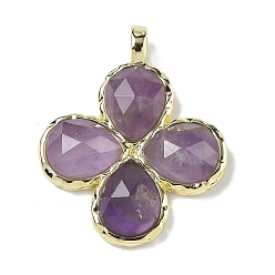 Аметист Граненые подвески из натурального аметиста, Подвески в виде клевера с латунными застежками с гальваническим покрытием., золотые, 30~31x25.5x5.5~6 мм, отверстие : 4x3 мм